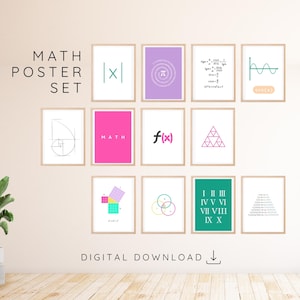 Digital nedladdning av matematikposters, set med 12 färgglada minimalistiska dekorationer för matematikklassrum