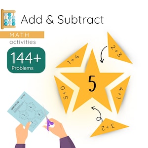 Könnte beinhalten: Lehrreiche Mathe-Aktivität mit einem großen gelben Stern mit der Zahl 5 und umgebenden Dreiecken mit Additionsaufgaben. Das Bild enthält den Text "Add & Subtract" und "144+ Problems". Ein Blatt mit Subtraktionsaufgaben wird ausgeschnitten.