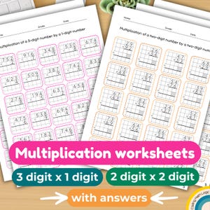 May include: Two printable multiplication worksheets with answers. The first worksheet is for multiplying a 3-digit number by a 1-digit number. The second worksheet is for multiplying a 2-digit number by a 2-digit number.
