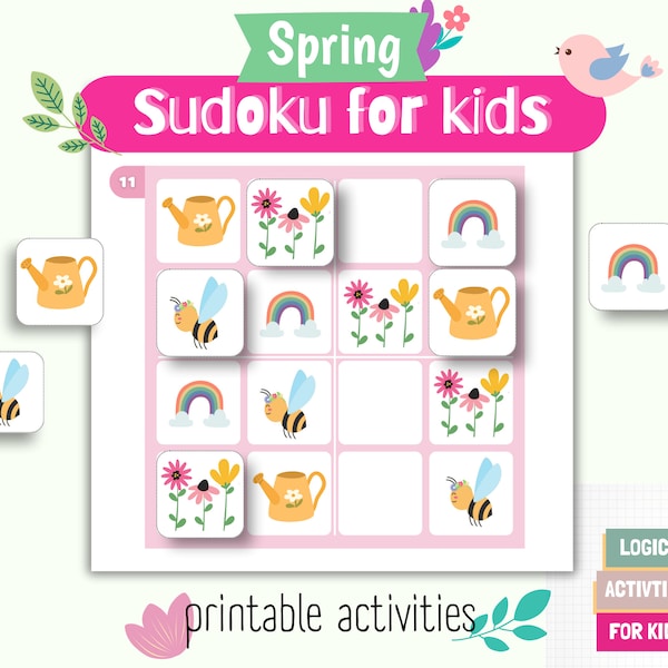 Sudoku pour enfants • Activités de printemps pour enfants • Sudoku 4x4 pour enfants • énigmes logiques • jeu de sudoku • feuilles de travail pour les enfants d'âge préscolaire