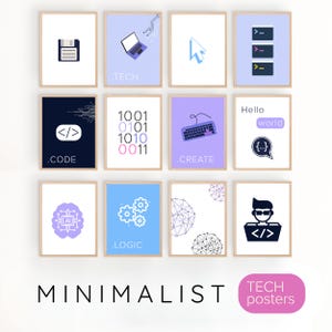 Op de afbeelding: Een set van twaalf minimalistische tech posters in lijsten. Elke poster heeft een andere afbeelding, waaronder een diskette, laptop en toetsenbord, met tekst zoals ".CODE", ".CREATE" en "TECH". Het woord "MINIMALIST" staat onderaan.