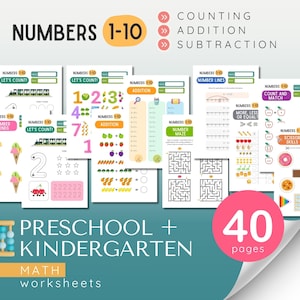 Preschool Kindergarten Math Worksheets Printable Bundle - Counting, Addition & Subtraction, Numbers 1 - 10 activities, Homeschool math