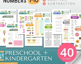 Hojas de trabajo de matemáticas para preescolar: Números del 1 al 10, suma y resta (descarga digital)