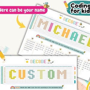 May include: A printable worksheet for kids to learn coding by decoding a name using color-coded coordinates. The worksheet features a grid with a name spelled out in colorful blocks. The name "MICHAEL" is shown as an example. The worksheet includes instructions to "decode your name! Color the cells according to the coordinates below."