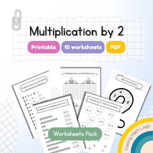 Może przedstawiać: Zestaw arkuszy do druku z matematyki skupionych na mnożeniu przez 2. Arkusze zawierają zadania praktyczne, dodawanie do mnożenia i ćwiczenia z dzielenia. Zestaw zawiera 10 arkuszy w formacie PDF.
