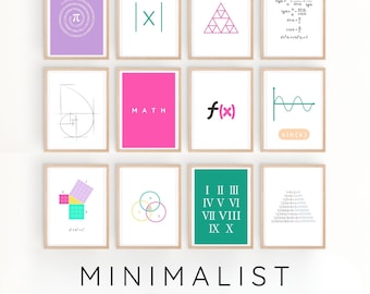 Wiskundeposters digitale download, set van 12 kleurrijke, minimalistische wiskundeklaslokaaldecoratie