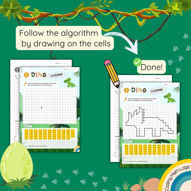 Coding for kids Dinosaur activities Coding worksheets Printable coding Directional coding Computer science