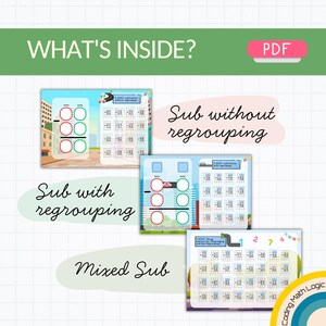May include: A digital PDF educational resource with the text "WHAT'S INSIDE?" and "PDF". The image displays worksheets for subtraction problems, including "Sub without regrouping", "Sub with regrouping", and "Mixed Sub". The worksheets feature place value charts.