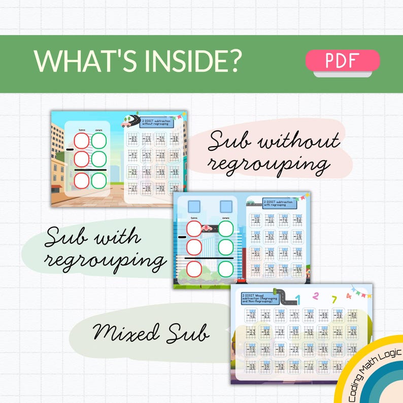 May include: A digital PDF educational resource with the text "WHAT'S INSIDE?" and "PDF". The image displays worksheets for subtraction problems, including "Sub without regrouping", "Sub with regrouping", and "Mixed Sub". The worksheets feature place value charts.