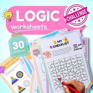 Op de afbeelding: Een stapel van 30 logische werkbladen met een 30-dagen uitdaging checklist en een puzzelrooster. Het bovenste blad toont een hersenfiguur, een kalenderpictogram en de tekst My Checklist. Een rode pen kleurt een puzzelstukje op het rooster in.