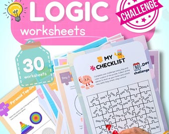 Logica-werkbladen voor kinderen, afdrukbare pdf van 30 dagen met uitdaging, montessoristijl