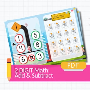 Op de afbeelding: Educatief, afdrukbaar wiskundewerkblad voor 2-cijferige optelling en aftrekking. Het werkblad bevat een optelprobleem met een wegthema met getallen en een potloodafbeelding. De tekst op het werkblad luidt "2 DIGIT Math: Add & Subtract" en "2 DIGIT addition with regrouping".