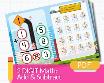Hojas de trabajo de matemáticas para suma y resta de 2 dígitos. Páginas de práctica de matemáticas para viajes por carretera. Kit de repaso de dos dígitos imprimible.