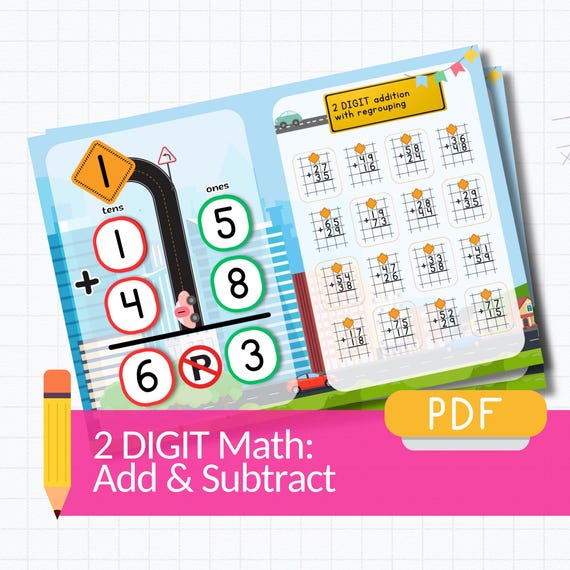 MATH Worksheets for 2-Digit Addition & Subtraction Road Trip Math Practice Pages Printable Two-Digit Review Kit
