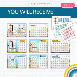 May include: Digital download of educational math worksheets. The image displays various colourful worksheets with addition and subtraction problems. The worksheets feature numbers and symbols, designed for educational use. The text "YOU WILL RECEIVE" is at the top.