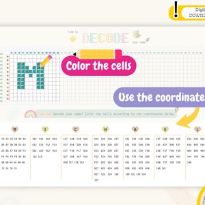 May include: A printable worksheet for kids to decode their name by coloring in cells according to a grid of coordinates. The worksheet features a bee, a rainbow, and a pencil. The word "DECODE" is written in a pixelated font.