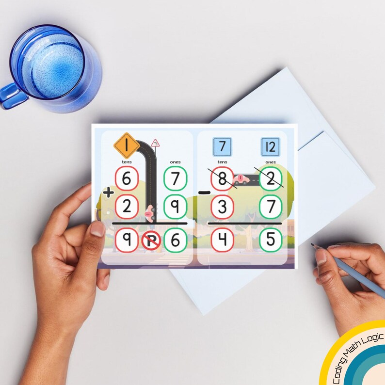 May include: A maths worksheet with addition and subtraction sums. The worksheet features road-themed illustrations with numbers and symbols. The worksheet is held by hands, with a blue glass and a light blue envelope in the background.