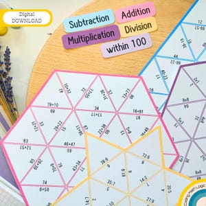以下が含まれることがあります： 子供向けの印刷可能な数学ロジックパズルセット。パズルは星型で、ピンク、イエロー、ブルー、パープルなど、さまざまな色があります。パズルには、100以内の足し算、引き算、掛け算、割り算の問題が含まれています。