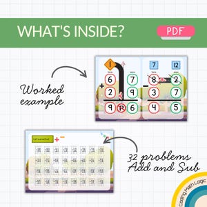 May include: A PDF maths worksheet with the text "WHAT'S INSIDE?" and "PDF". The worksheet includes addition and subtraction problems with worked examples. The text "32 problems Add and Sub" is also present.