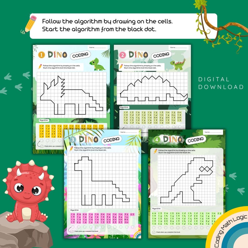 Coding for kids Dinosaur activities Coding worksheets Printable coding Directional coding Computer science