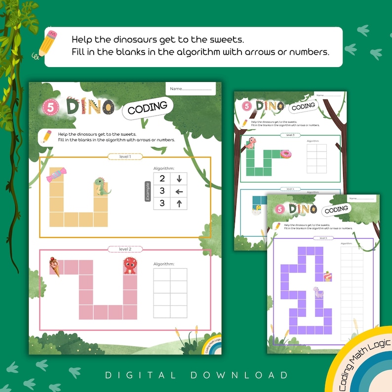 Coding for kids Dinosaur activities Coding worksheets Printable coding Directional coding Computer science