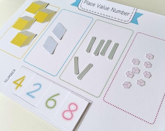 Tarjetas de números de matemáticas Montessori de valor posicional del 0 al 9999