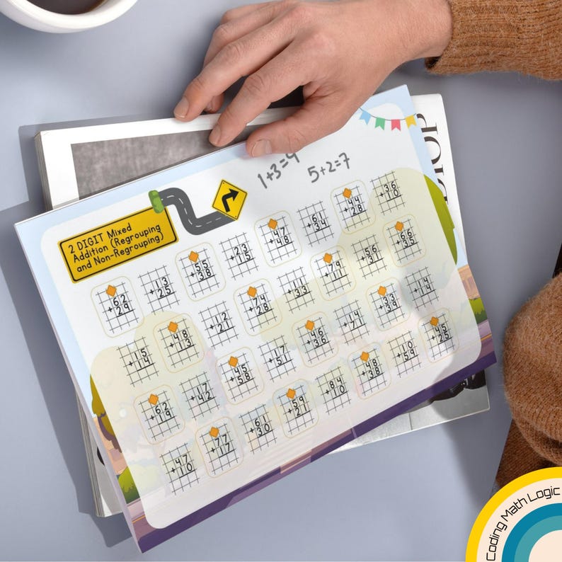 May include: A maths worksheet featuring 2-digit mixed addition problems, including regrouping and non-regrouping. The worksheet has a road and yield sign graphic. The text "2 DIGIT Mixed Addition (Regrouping and Non-Regrouping)" is visible.