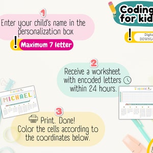 May include: A coding activity for kids, with instructions to personalize a worksheet with a name up to 7 letters, receive a worksheet with encoded letters within 24 hours, and then color the cells according to the coordinates. The worksheet features a grid with a rainbow-colored name "MICHAEL" at the top.