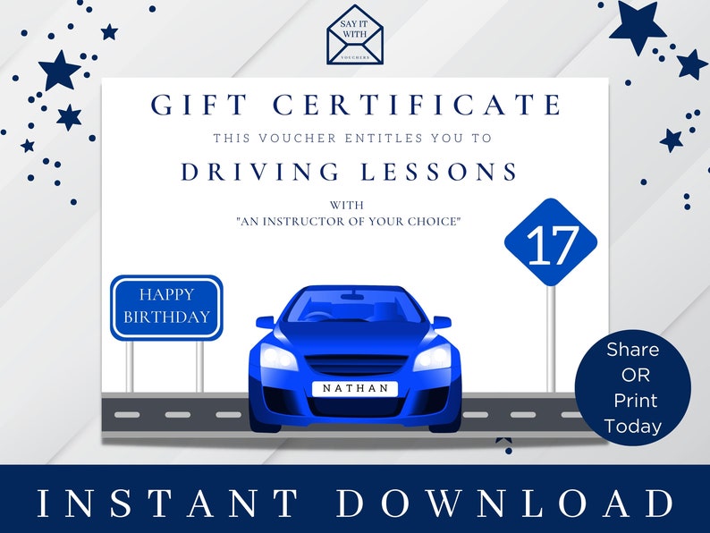 DRIVING LESSONS Gift Voucher Digital Download Learner Driver Gift ...