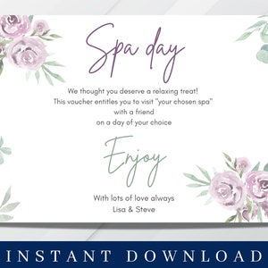Chèque cadeau personnalisé pour la journée du spa, chèque-cadeau pour elle, cadeau de la journée du spa, chèque-cadeau, cadeau pour femme, cadeau pour maman, cadeau pour fille
