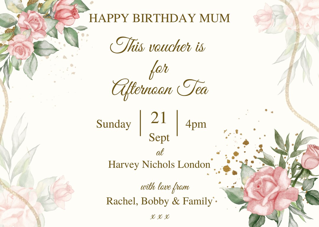 Personalized Afternoon Tea Gift Voucher Gift Voucher for Her Etsy