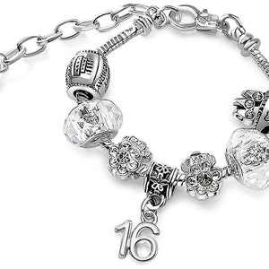 16th Birthday Charm Bracelet with Gift Box, Silver Bracelet for Women, Birthday Bracelet, Birthday Jewelry Simple Bracelet