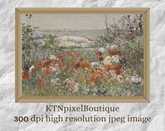 Printable Wildflowers Field by the Sea Print, Spring Floral Artwork, Country Field Landscape Oil Painting Printable, Art Digital Download