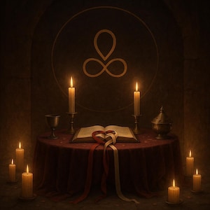 Pode incluir: Uma cena sombria com uma mesa redonda coberta com tecido vermelho, um livro aberto, velas e uma fita em forma de coração. Um símbolo está na parede. As velas emitem um brilho quente, criando um ambiente místico.