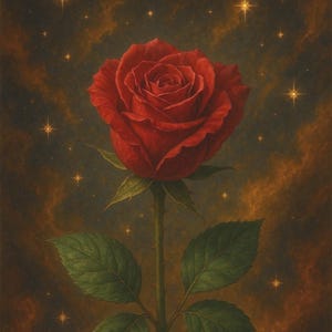 Puede incluir: Una rosa roja vibrante con pétalos detallados, sobre un fondo oscuro y texturizado con acentos de estrellas doradas. La rosa tiene hojas verdes y un tallo espinoso, creando una imagen floral clásica.
