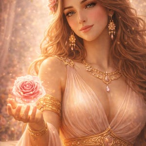 May include: A woman with long, wavy blonde hair, wearing a crown of pink roses and matching earrings. She is dressed in a flowing, pale pink gown with gold detailing and holds a glowing pink rose. The image has a soft, dreamlike quality.