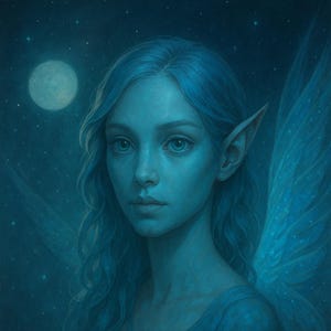 May include: A digital painting of a fairy with blue skin, hair, and eyes. She has pointed ears and translucent wings. The background is a dark blue night sky with a full moon and stars. The fairy is wearing a blue dress.