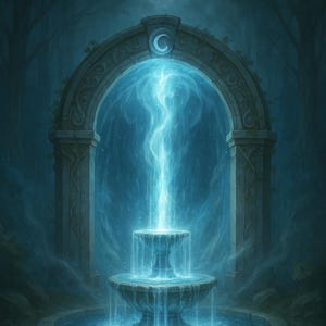 Könnte beinhalten: Eine Fantasy-Illustration eines zweistufigen Brunnens mit Wasser, das in einen Pool fließt. Der Brunnen befindet sich unter einem Torbogen mit einem Halbmondsymbol. Die Szene spielt in einem dunklen, mystischen Wald.