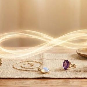 May include: A collection of spiritual items arranged on a wooden table. The image features lit candles, sage bundles, crystals, jewellery, and dried lavender. An illuminated infinity symbol floats above the display, creating a mystical atmosphere.