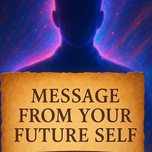 Könnte beinhalten: Ein künstlerisches Bild mit einer menschlichen Silhouette vor einem kosmischen Hintergrund in Blau und Lila. Eine pergamentartige Schriftrolle zeigt den Text "MESSAGE FROM YOUR FUTURE SELF" und Fragen zur Selbstreflexion.