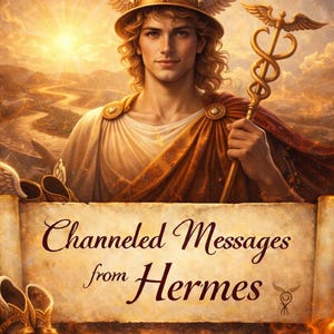 Può includere: Rappresentazione artistica di Hermes, il dio greco, con un elmo alato e un bastone con due serpenti. L'immagine presenta una pergamena con il testo "Channeled Messages from Hermes" e un paio di sandali alati.