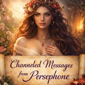 May include: An artistic illustration of a woman with long, wavy brown hair, adorned with a floral crown and jewelry. The image features the text "Channeled Messages from Persephone" on a scroll, with pomegranates in the foreground. The overall theme is mystical and ethereal.