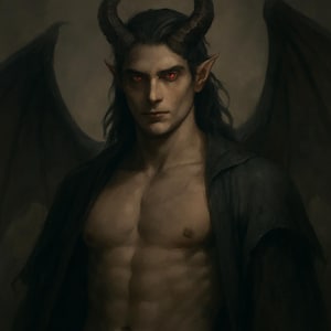 Puede incluir: Ilustración digital de una figura masculina con cabello oscuro, ojos rojos y cuernos. Tiene grandes alas negras y viste una túnica oscura. Tema de fantasía.