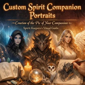 May include: An artistic illustration promoting "Custom Spirit Companion Portraits." The image features fantasy characters, including an elf, a dragon-like figure, and an angel. Additional elements include a crystal ball, an owl, and sketches, with text reading "Creation of the Pic of Your Companion."