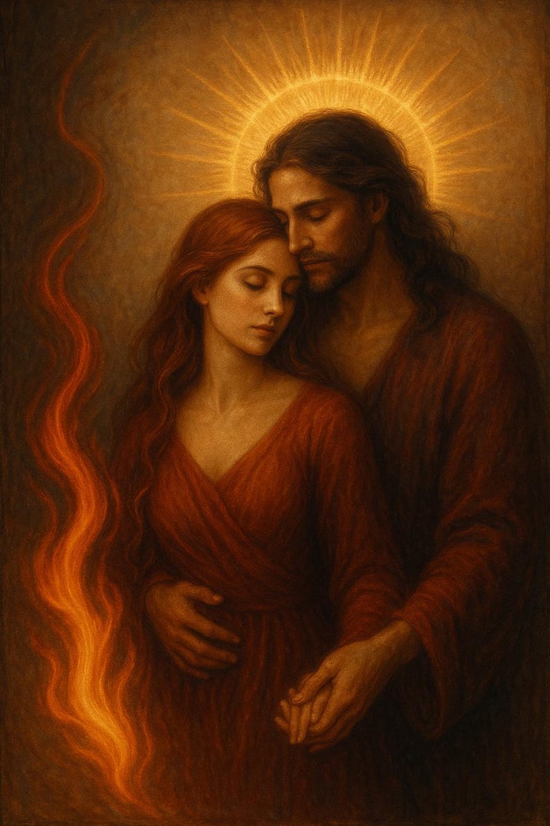 Puede incluir: Una pintura digital representa a dos figuras abrazadas, ba&ntilde;adas en luz c&aacute;lida. Una mujer con cabello rojo y un hombre con cabello oscuro se muestran en un tierno abrazo. Un halo dorado rodea sus cabezas, con un elemento de fuego cerca.