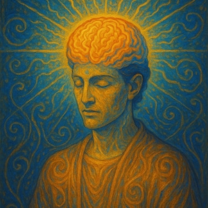 Puede incluir: Ilustración artística de una persona con los ojos cerrados, con un cerebro dorado y un halo radiante sobre un fondo azul. La figura está adornada con una túnica dorada, con patrones arremolinados. La obra evoca temas de iluminación e introspección.