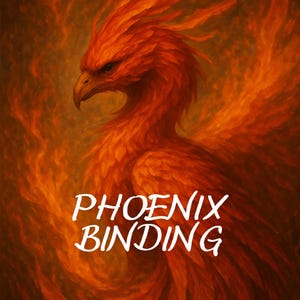 Op de afbeelding: Een artistieke weergave van een feniks in rood- en oranje tinten, met de tekst "PHOENIX BINDING" in het wit. De vogel is afgebeeld met gedetailleerde veren en een felle uitdrukking, tegen een vurige achtergrond.