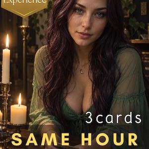May include: A person with long dark hair wearing a green top, positioned behind a wooden table with lit candles and tarot cards. Text overlays read 10+ Years of Experience, By Aura Palace, 3 cards SAME HOUR, and Tarot Reading.