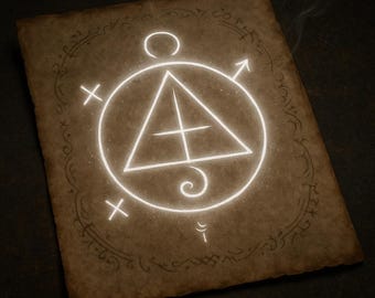 May include: Aged parchment paper with a glowing white sigil at the center. The sigil features a triangle, a circle, and other mystical symbols. The paper has a decorative border and a slightly smoky effect, suggesting a magical theme.