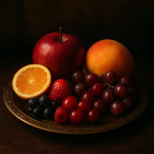 May include: A still life arrangement of fresh fruit on a decorative gold-toned plate. The arrangement includes a red apple, an orange half, a peach, red grapes, blueberries, raspberries, and a strawberry. The background is dark.